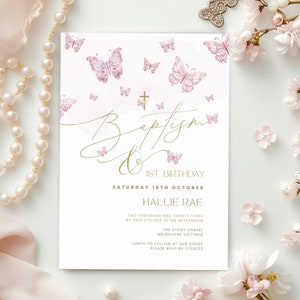 Pode incluir: Um convite de batismo e 1º aniversário com um fundo rosa e branco suave. O convite apresenta texto dourado e borboletas em aquarela. O texto diz "Batismo e 1º Aniversário" e inclui a data, hora e local.