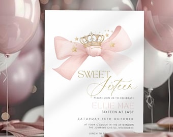 16th Birthday Invitation Email, Sweet 16 Party Invite for Girl, Fancy Pink Coquette Bow Invite,  Editable & Printable, Digital, Phone, Text
