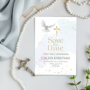 Save the Date First Holy Communion Invitation, Boys Blue Invitation and Dove, Religious Catholic Invite & Gold Cross, Evite, Text Email