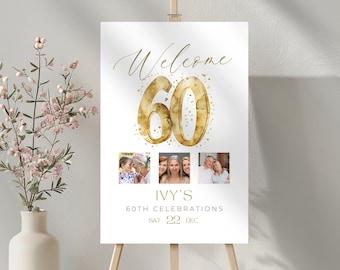 60th Birthday Sign with Pictures, Look Whos 60 Welcome Board, Personalized & Custom Signage, Photo Collage Men or Women, Party Decor