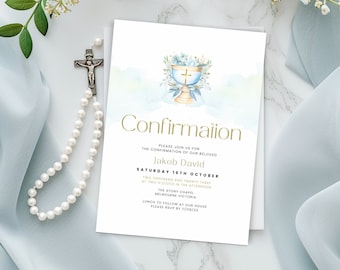Confirmation Invitation for Boys, Modern Blue Chalice Invite, Catholic, Editable  & Printable, Religious Male, Digital Text or Email Invite
