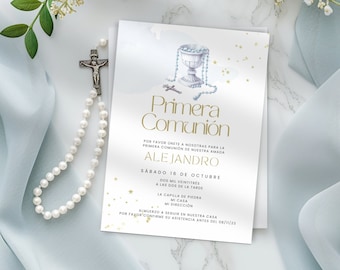 First Holy Communion Invitation Spanish, Boys or Girls Primera Comunion Invite, Invitacion Imprimible, 1st Communion E- Invite Gold Rosary