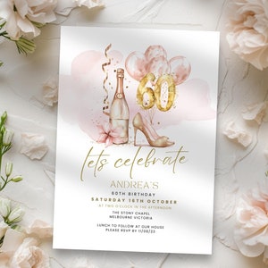 Happy 60th Glam Birthday Invitation, 60 Years & Fabulous, Womens Heels Wine Party Invite, Editable, Printable, Look Whos 60 Digital Template