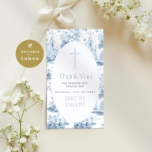May include: A blue and white thank you card with a cross and the text "Thank You" for sharing our special day. The date is Saturday 16th October and the names Jakob David are printed below.