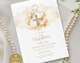 Baptism and First Birthday Invitation Girl or Boy, 1st, 2nd, 3rd Birthday Invite, Gold Balloon & Gold Cross, Digital Text or E-Invite, Print