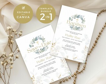 Baptism & Save the Date Invitation Pack, Eucalyptus Greenery Design, Religious Catholic Invite and Gold Cross, Digital E-Invite, Text, Email