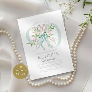90 Years Loved Invitation, Digital 90th Birthday Template for Women, Editable Floral Wildflower Design, Printable Invite, Pink and Green