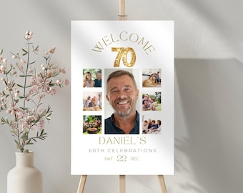 70th Birthday Sign with Pictures, Personalized 70 Welcome Signage, Photo Collage Men and Women, Party Decor, Printable and Editable Poster