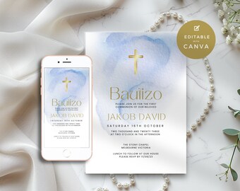 Invitacion De Bautizo Digital, Blue Mi Bautizo Spanish Invitation, Invitación Electronica, Boys Electronic Text Phone invite, Español