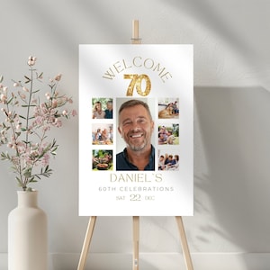 70th Birthday Sign with Pictures, Personalized 70 Welcome Signage, Photo Collage Men and Women, Party Decor, Printable and Editable Poster