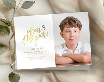 Bar Mitzvah Invitation Template, Blue Star of David Invite, for boy, Printable & Editable, Digital Jewish Evite, Electronic Text or Email
