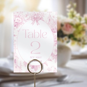 Baptism Table Number, Pink Toile Printable Table Decoration for Christening, First Holy Communion, Confirmation Celebration Decor