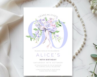 90 Years Loved Invitation, Digital 90th Birthday Template Women, Editable Floral Wildflower Design, Printable Invite, Lilac, Pink, Purple