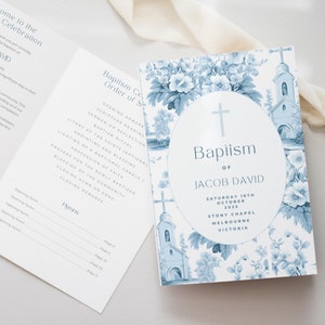 May include: A blue and white baptism invitation with a cross, a church, and floral designs. The text reads "Baptism of Jacob David, Saturday 16th October 2025, Stony Chapel, Melbourne, Victoria."