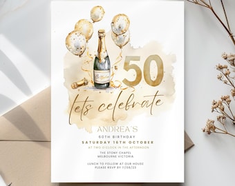 50th Birthday Invitation Template, Gold Neutral Champagne Fifty Theme Party Invite, Editable & Printable Digital Download,  Electronic, Text