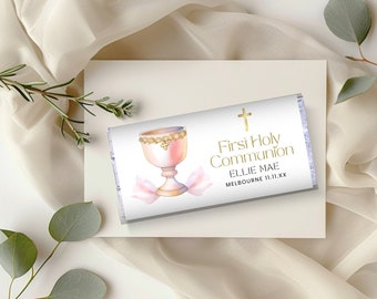 First Holy Communion Candy Bar Wrapper, Hershey Chocolate Bar Label Girls Mini Size, Editable & Printable, 1st Communion Party Favor Snack
