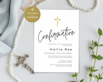 Confirmation Invitation Digital Download Cards, Elegant, Simple and Printable, Girl, Boy, Canva Template, Religious, Black & White CJ13