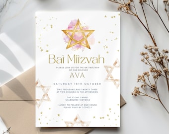 Bat Mitzvah Invitation Template, Star of David, Jewish Digital Party Invite, Text or Email, Personalised, Printable & Editable, for Girl,