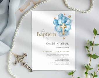 Baptism Invitation Boy Balloon, Blue 1st Birthday Invitation, Editable  & Printable, Modern Christening Template, Text or Email Invite