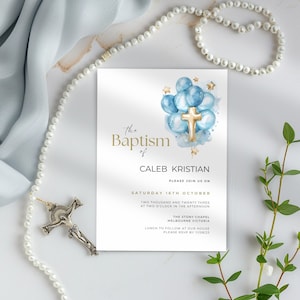 Baptism Invitation Boy Balloon, Blue 1st Birthday Invitation, Editable  & Printable, Modern Christening Template, Text or Email Invite