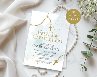 First Communion Invitation for Boys, 1st invite with Rosary, Online Digital Invite for Email &  Text, Printable, Editable, Blue Watercolor