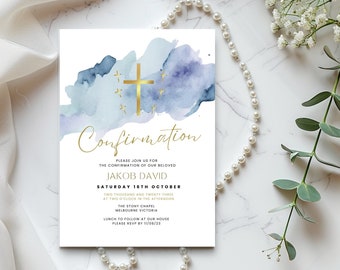 Navy and Gold Confirmation Invitations, Boys Editable Catholic Invites, Blue Watercolor E Invite, 1st Communion Party Printable for Male