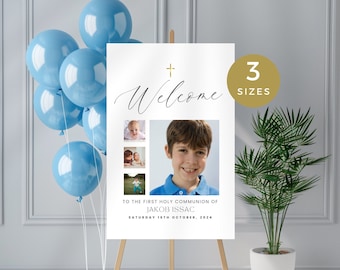 First Holy Communion Welcome Sign with Photo, 1st Communion Party Signage, Boy or Girl, Printable & Editable Poster, Decorations, 3 x Sizes