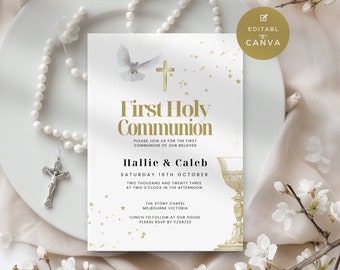 Editable Holy Communion Invitation Card Template for Girl or Boy, White & Gold Dove and Cross, Simple, Elegant First Communion Invite, NDC01