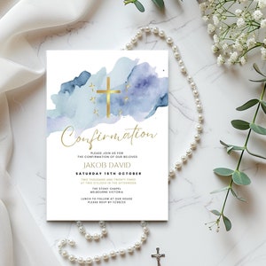 May include: A blue and gold watercolour invitation for a Confirmation ceremony. The invitation features a gold cross and the text "Confirmation" in gold script. The text reads "Please join us for the Confirmation of our beloved Jakob David, Saturday 16th October, Two thousand and twenty three at two o'clock in the afternoon, The Stony Chapel, Melbourne Victoria, Lunch to follow at our house, Please RSVP by 11/08/23."