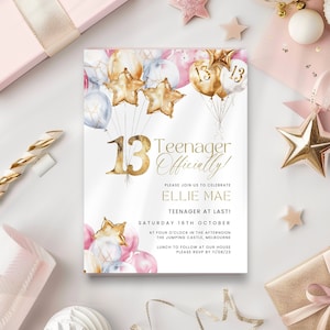 13th Birthday Invitation for here, Pink, White & Gold, Tween To Teen Party, Teenage Era, Print or Text, 13 Year Old Girl E Invite, Editable,