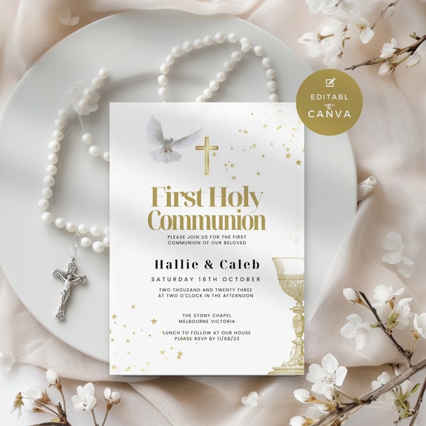 Editable Holy Communion Invitation Card Template for Girl or Boy, White & Gold Dove and Cross, Simple, Elegant First Communion Invite, NDC01