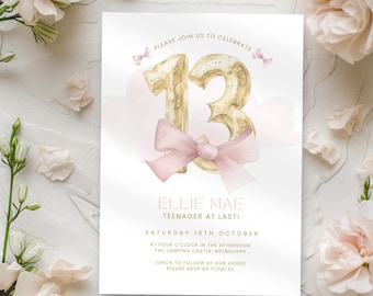 Coquette 13th Birthday Invitation, Girls Invite with Trendy Pink Bows, 13 Year Old Teen Party, Editable & Printable, Digital, Phone or Text