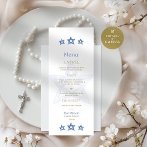 Bar Mitzvah Table Menu, Blue Star of David Decor, Bat Mizvah Reception Menu Sign, Jewish Religious Celebration Party, Printable & Editable,