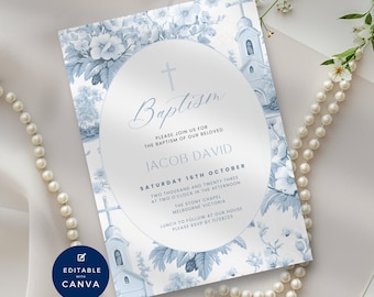 Toile De Jouy Baptism Invitation for Boy, Vintage Dusty Blue Floral Christening E-Invite, Digital & Electronic, Modern, Printable, Editable