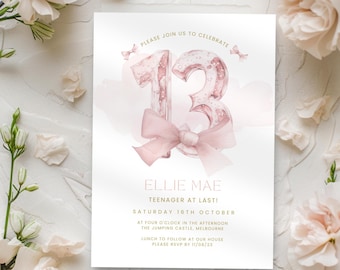 Pink Coquette 13th Birthday Invitation, Girls Invite with Trendy Pink Bows, 13 Year Old Teenagers Party, Editable & Printable, Mobile, Text