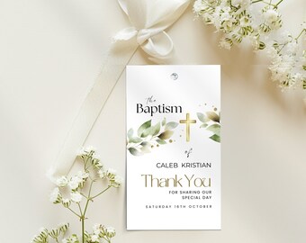 Baptism Favors Tags Greenery, Editable and Printable, Christening Thank You tags, DIY, Gender Neutral, Girl or Boy, Instant Download,