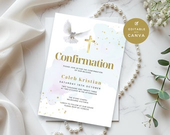 Confirmation Invitation with Dove, Boys Catholic Invite Blue, Editable  & Printable Religious Male Template, Digital Text or Email Invite