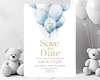 Save The Date Baptism Invitation, Boy, Blue and Gold, Balloons, Christening, Printable and Editable, Email Invite, Invitation, BAL01