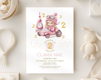 Two Fast Birthday Invitation Pink, 2nd Racing Party Invite Girl, Little Racer 2 Year Old, Digital Second Birthday Race Car Theme, Printable