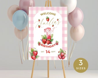 Berry First Birthday Welcome Sign, Strawberry and Pink Gingham 1st Birthday Poster, Berry Sweet Girls Party Decor, Editable & Printable,