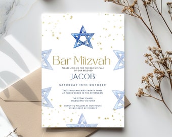 Bar Mitzvah Invitation Template, Blue Star of David Invite, for boy, Printable and Editable, Digital Jewish Evite, Text or Email,