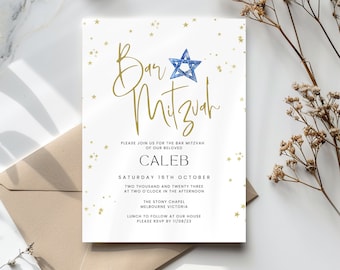 Bar Mitzvah Invitation Template, Blue Star of David Invite, for boy, Printable and Editable, Digital Jewish Evite, Text or Email,
