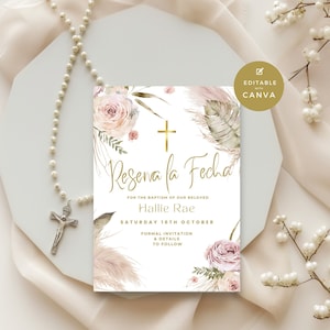 Reserva La Fecha Bautizo, Boy, Girl, Save The Date Baptism Card, Invitacion De Bautizo, Baptism Invitations In Spanish, Pink Floral SP01