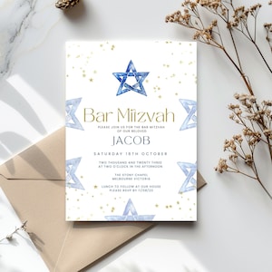 Bar Mitzvah Invitation Template, Blue Star of David Invite, for boy, Printable and Editable, Digital Jewish Evite, Text or Email,