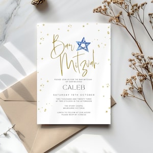 Bar Mitzvah Invitation Template, Blue Star of David Invite, for boy, Printable and Editable, Digital Jewish Evite, Text or Email,