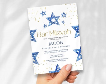 Bar Mitzvah Invitation Template, Blue Star of David Invite, for boy, Printable and Editable, Digital Jewish Evite, Text or Email,