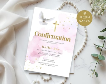 Confirmation Invitation with Dove, Girls Catholic Invite Pink , Editable  & Printable Religious Canva Template, Digital Text or Email Invite