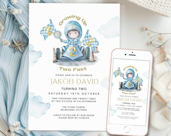 Two Fast Two Curious Birthday Invitation, Little Racer Boys 2nd Birthday E Invite, Growing Up Too Fast Racing Car Party,  Digital Text Email