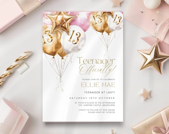 13th Birthday Invitation Pink & Gold, Teenage Era, Tween To Teen Party, Print or Text, Digital E Invite, 13 Year Old Girl, Editable,