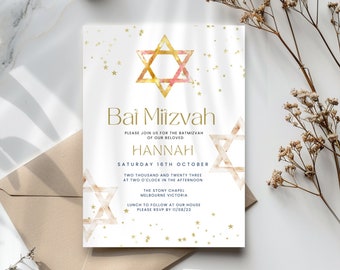 Bat Mitzvah Invitation Template for Girl, Star of David, Jewish Digital Party Invite, Text or Email, Personalised, Printable & Editable